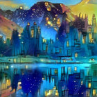 Futuristic cityscape digital artwork with skyscrapers under starry night sky