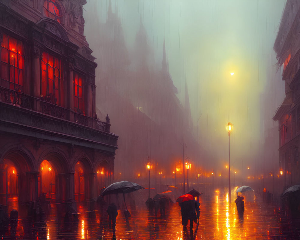 Misty Dusk Street Scene with Umbrella-Holding People