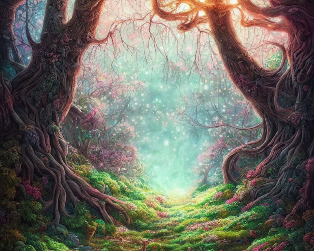 Enchanted forest pathway with ancient trees, vibrant flora, and magical particles.