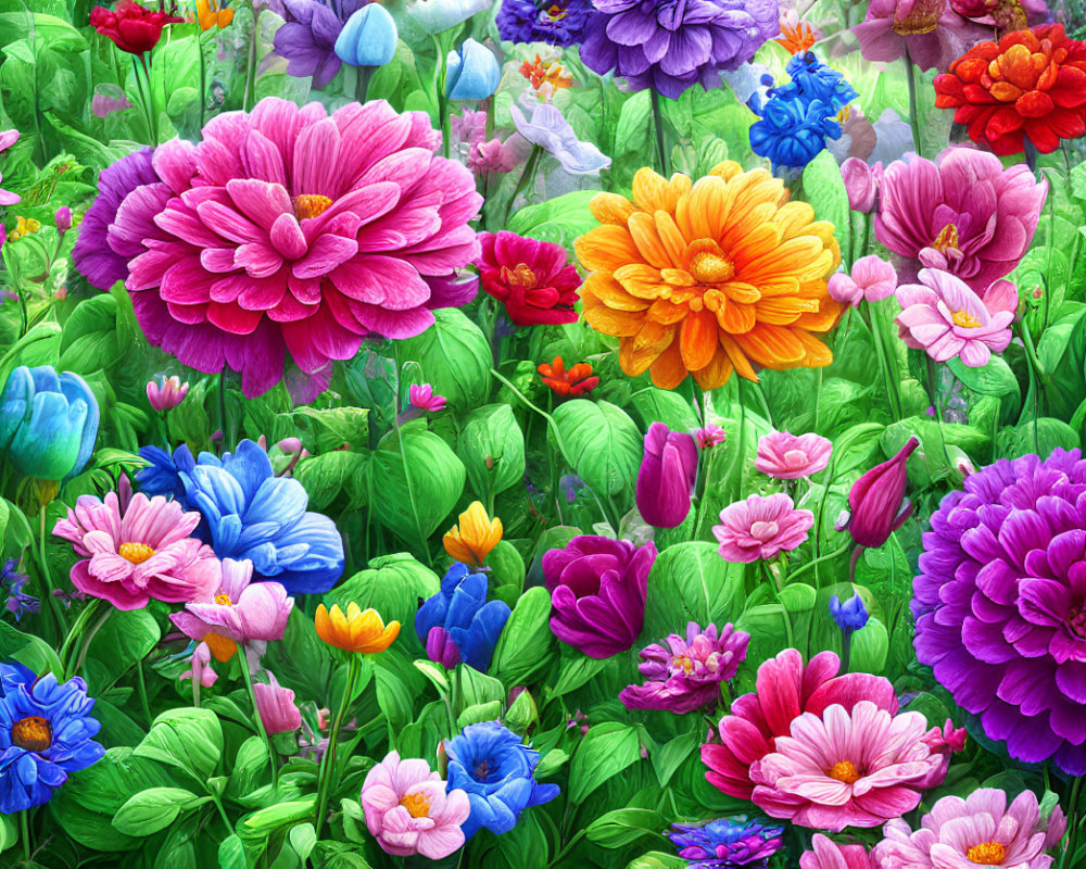 Colorful Garden Blooms: Pink, Orange, Purple Flowers & Lush Green Foliage