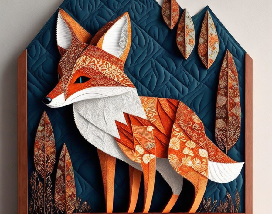 Intricate 3D paper art of a fox in autumn colors with geometric forest backdrop