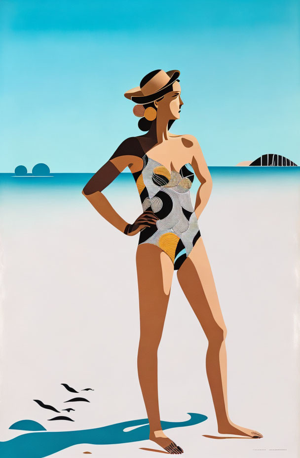 Illustration of woman in patterned swimsuit on beach with birds and sea