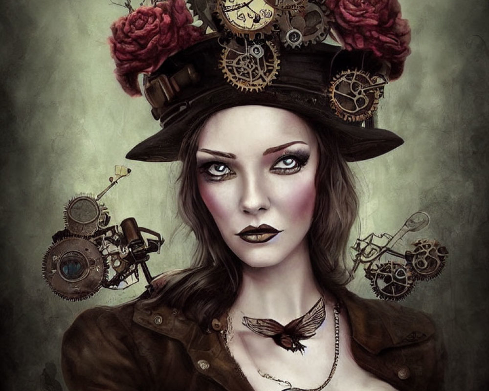 Steampunk aesthetic woman with gear-adorned hat and mechanical bird pendant