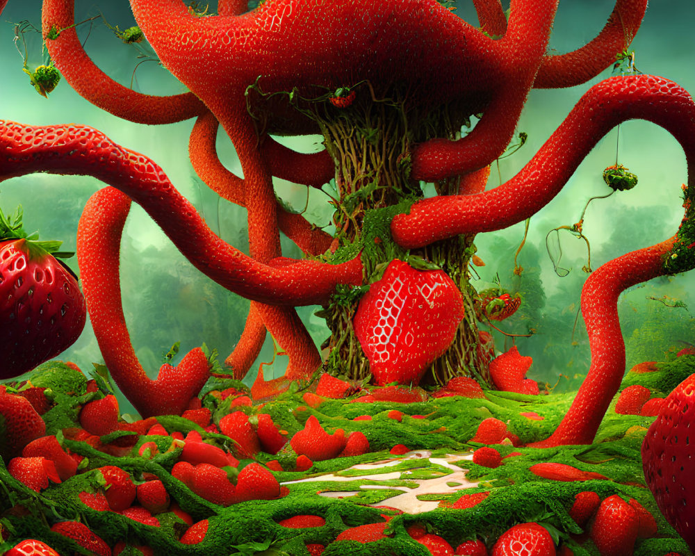 Surreal landscape with giant strawberry-shaped trees and winding path