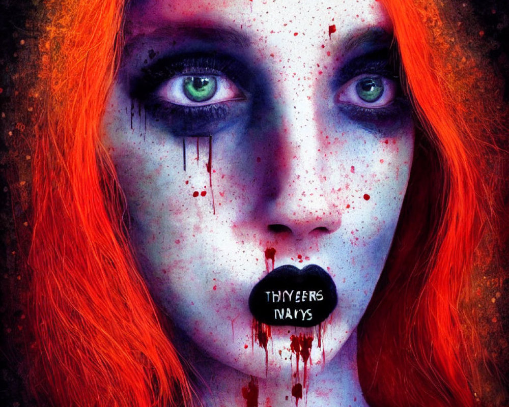 Portrait of person with green eyes, blood-like drips, and "thirteen ways" text