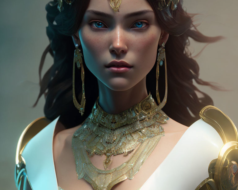 Portrait of woman with blue eyes in gold jewelry and armor against soft background