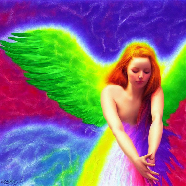 Colorful red-haired female with wings in vibrant artwork.
