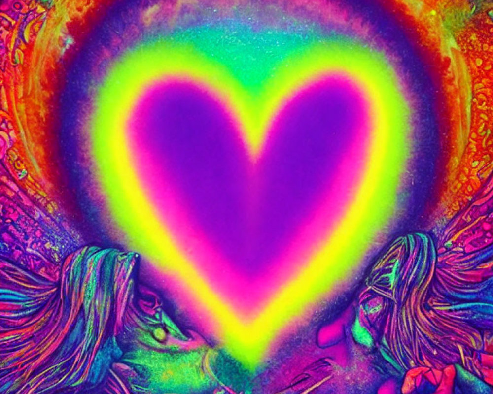 Psychedelic image of two faces with glowing heart on textured background