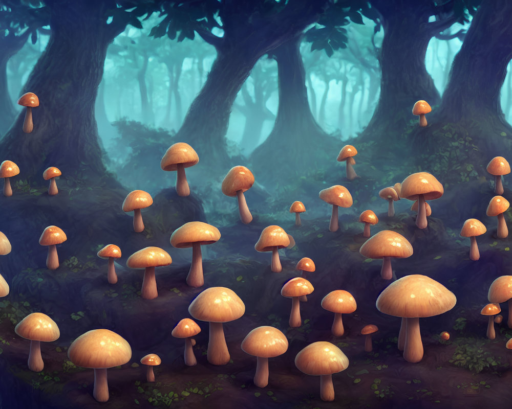 Misty forest scene with large luminous mushrooms