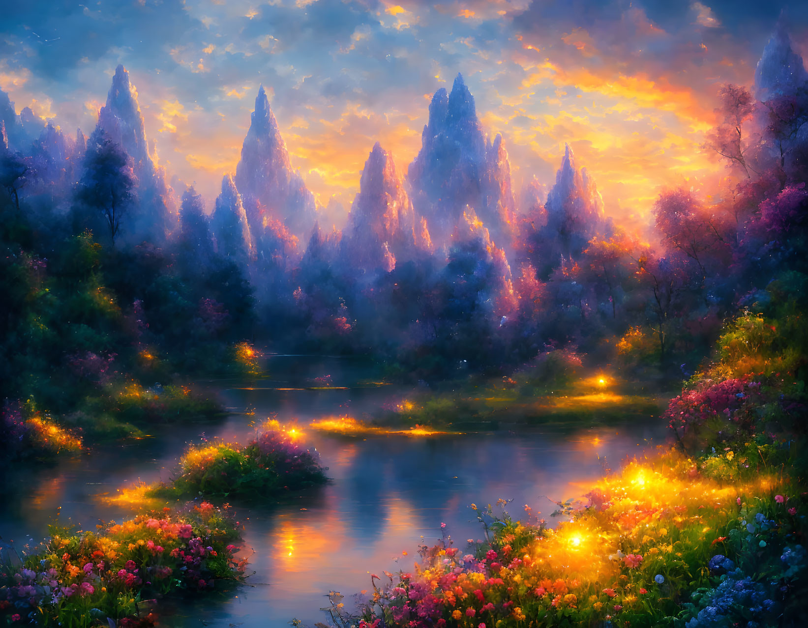 Tranquil river landscape with lush flora and twilight sky