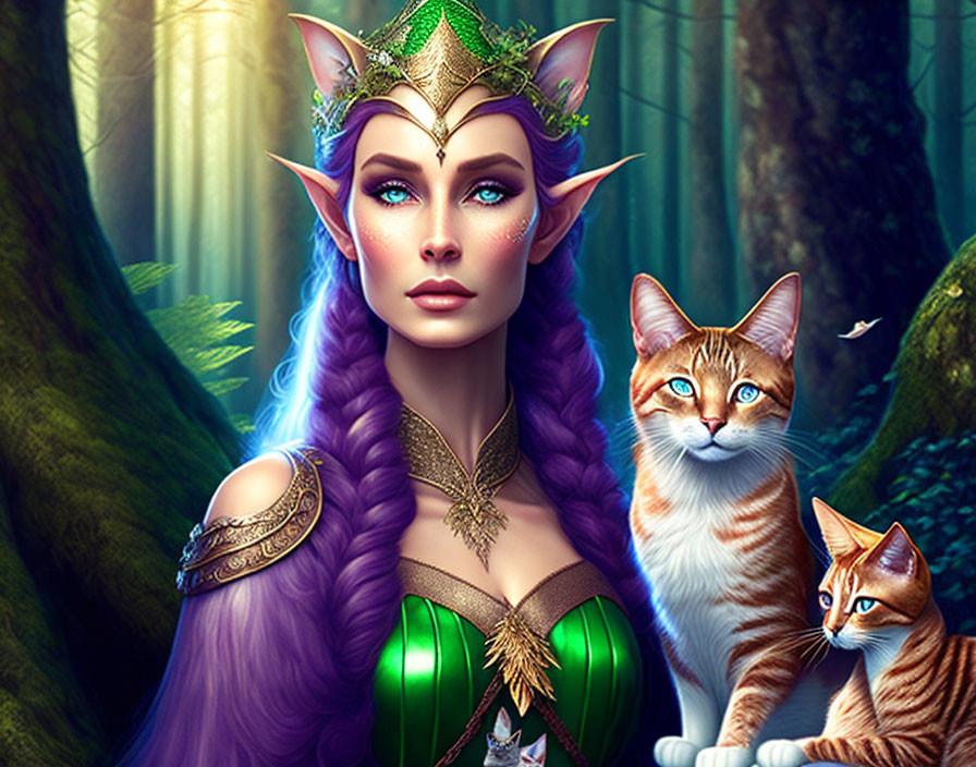 Purple-haired elfin character in green dress with tiara, accompanied by orange tabby cats in mystical