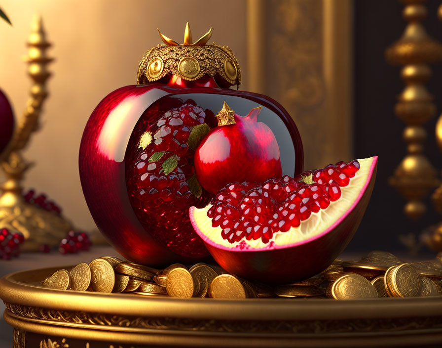 3D-rendered image of crowned pomegranate with gold coins on plate