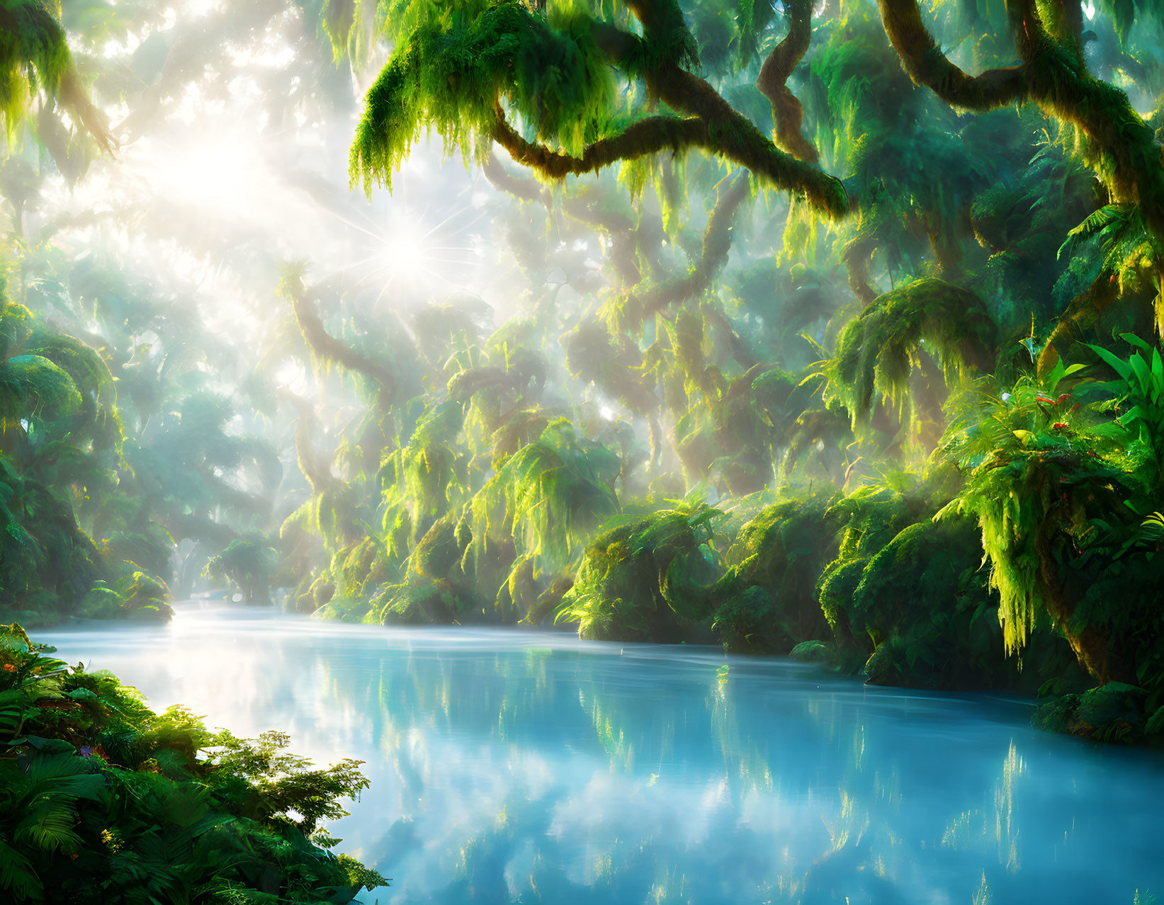Serene green forest with hanging moss, ferns, and blue river