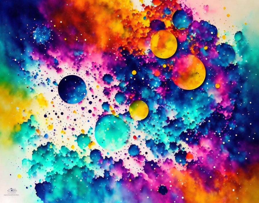 Colorful Abstract Watercolor Painting: Cosmic Scene with Stars and Planets