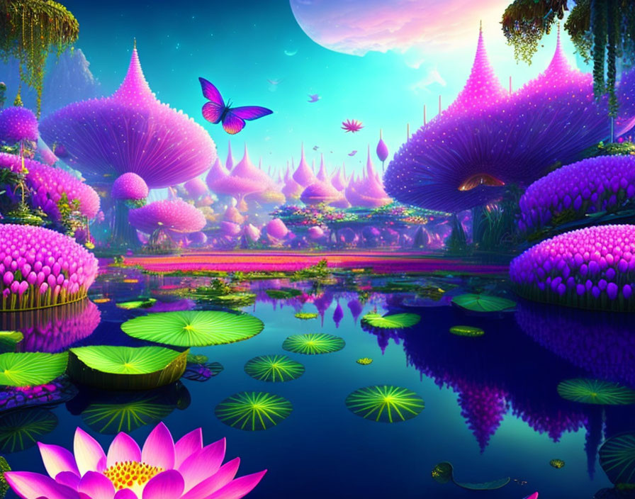 Fantasy Landscape with Violet Mushrooms, Pink Flora, Waterbody, and Butterflies
