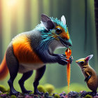 Colorful rodent-like creature meets small being with glowing orb in whimsical art