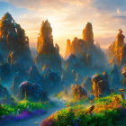 Tranquil landscape with towering rock formations and blossoming valley under a sunrise/sunset sky.