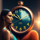 Profile of a woman merged with a pocket watch at sunset