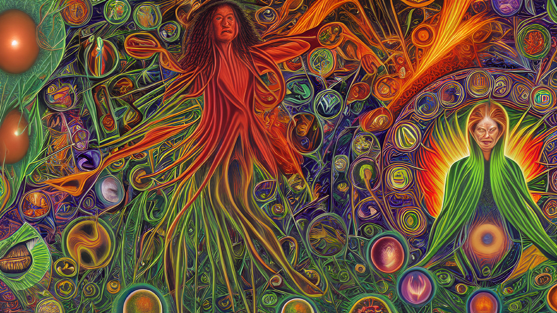 Colorful Psychedelic Artwork with Humanoid Figures in Elongated Limbs