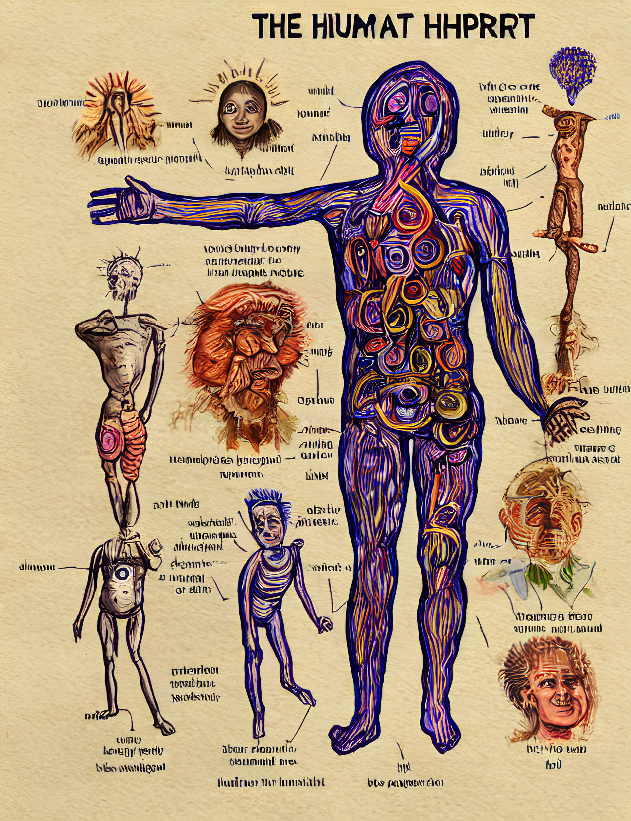 Colorful Abstract Human Anatomy Illustration with Labeled Body Parts