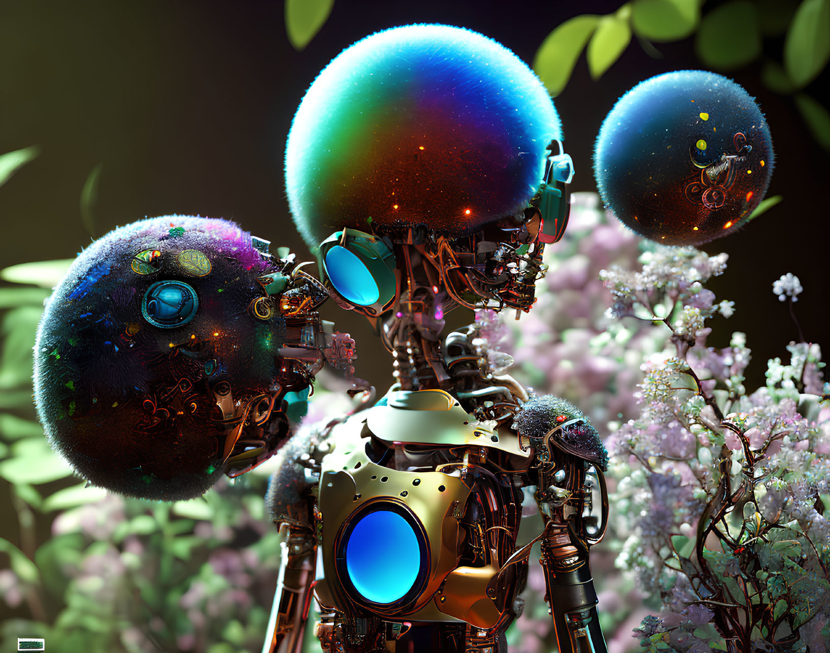 Futuristic robot with holographic heads among blooming flowers