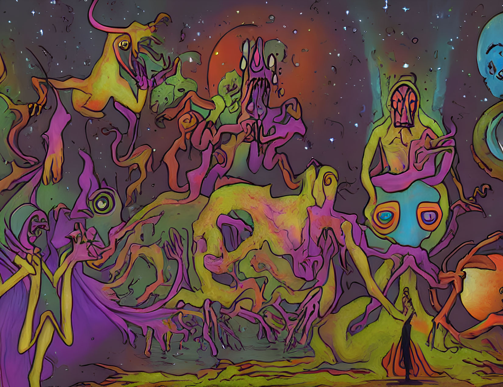Colorful psychedelic alien creatures in dynamic poses against cosmic backdrop