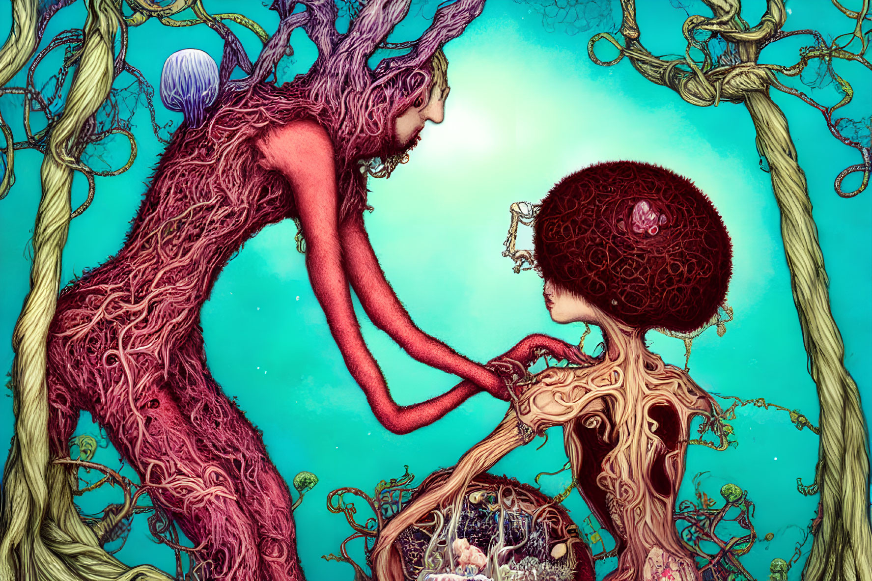 Surreal artwork featuring humanoid figures with tree-like features and jellyfish on teal background