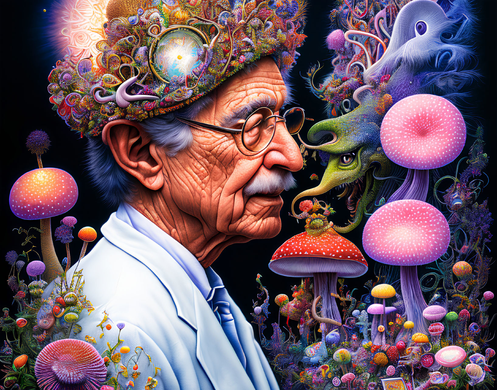 Elderly man with colorful hat among vibrant mushrooms and flora