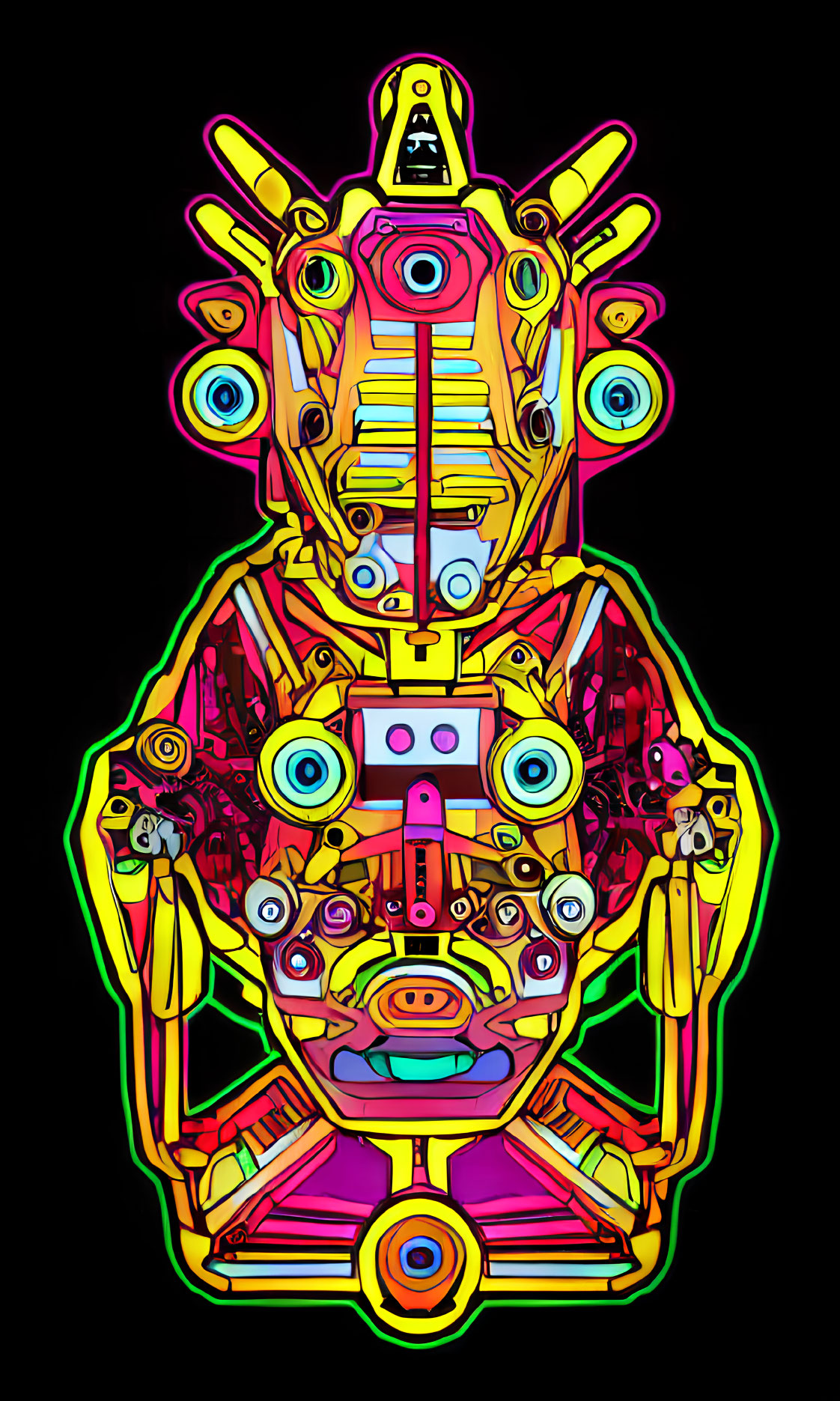 Multicolored robot illustration with intricate design on black background
