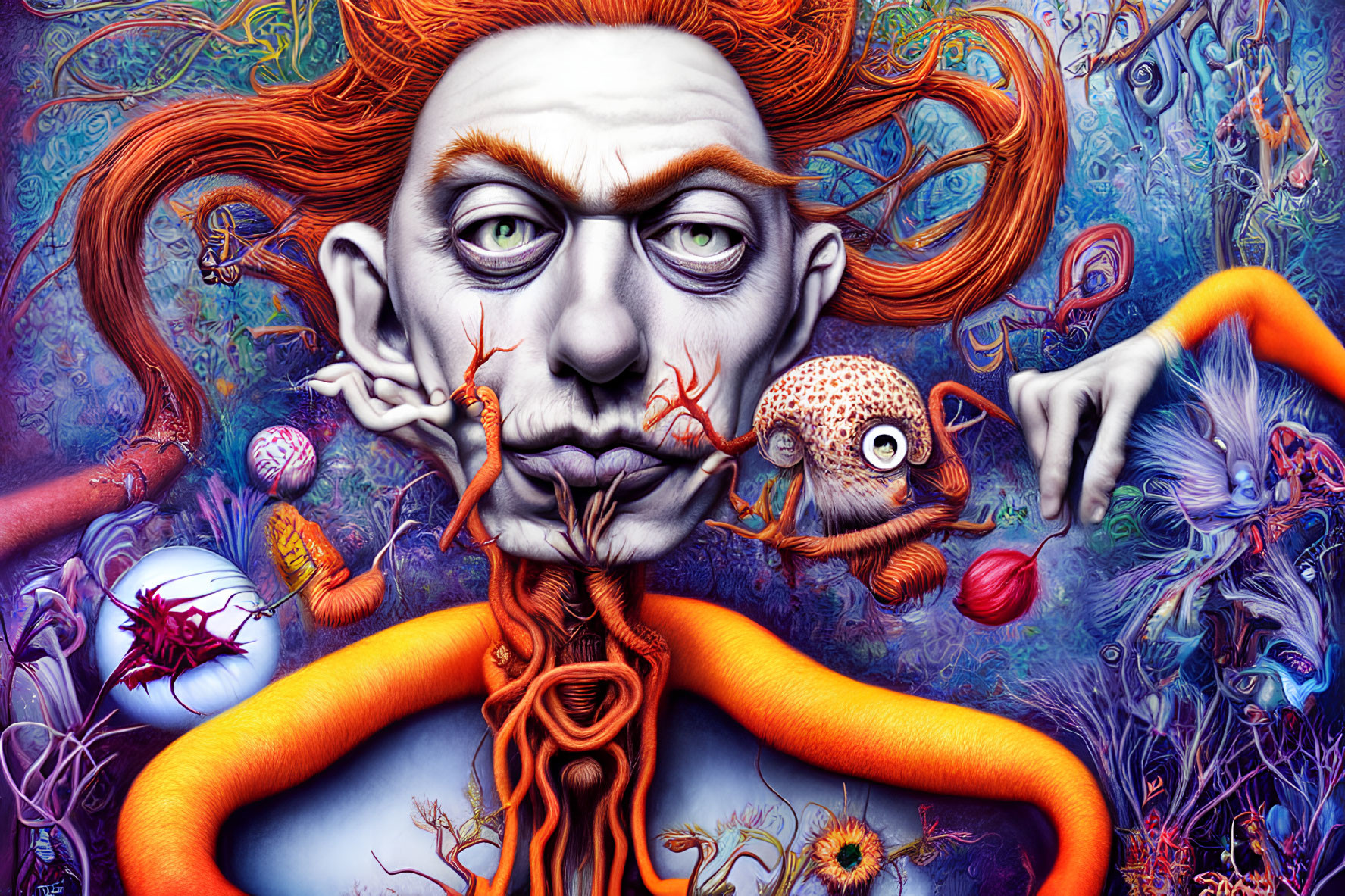 Surreal artwork: orange-haired character with pale skin & fantastical creatures