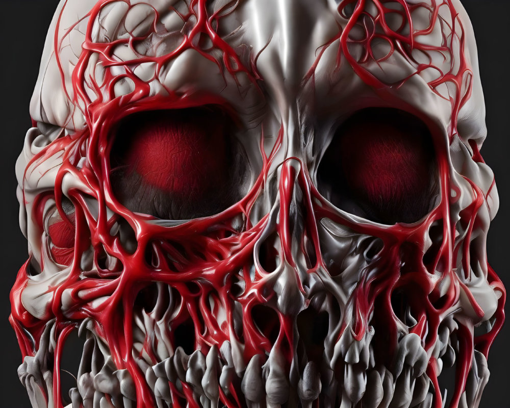 Detailed 3D Illustration of Human Skull with Red Vascular Structures