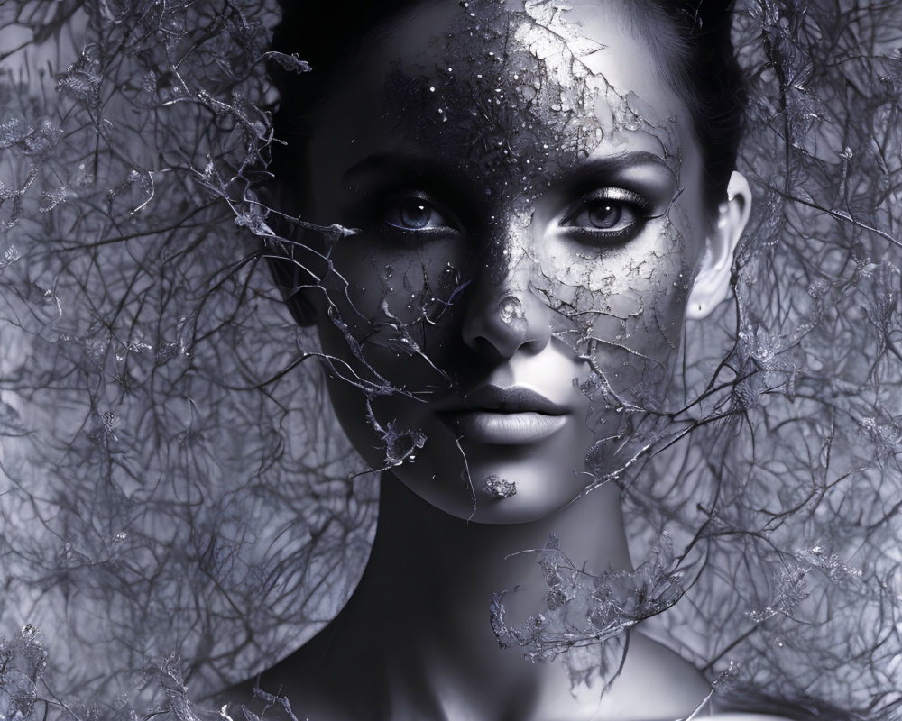 Monochrome image of mystical woman with delicate branches and cracked texture