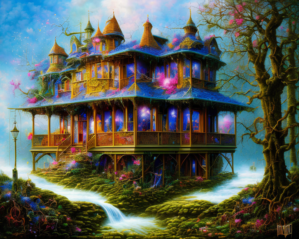 Enchanting multi-story fantasy house with glowing windows and mystical lights