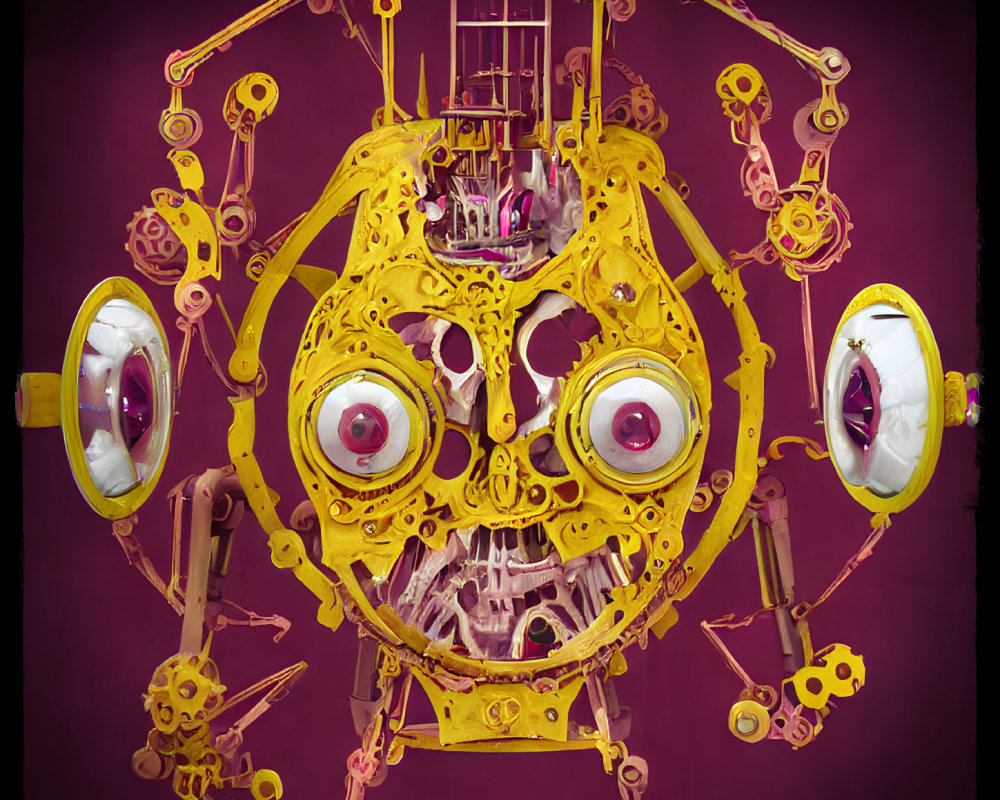 Yellow Mechanical Skull Sculpture with Exposed Gears and Prominent Eyes on Purple Background