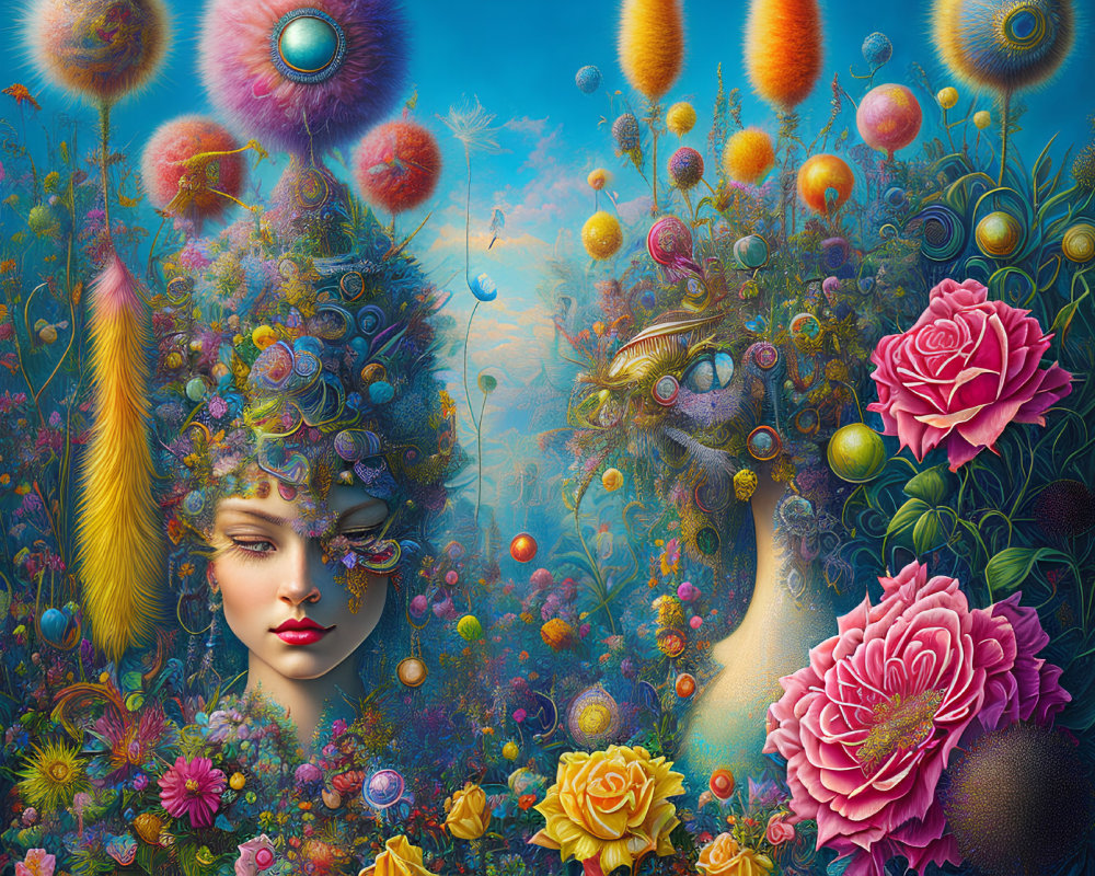 Vibrant surreal female faces with floral and celestial motifs