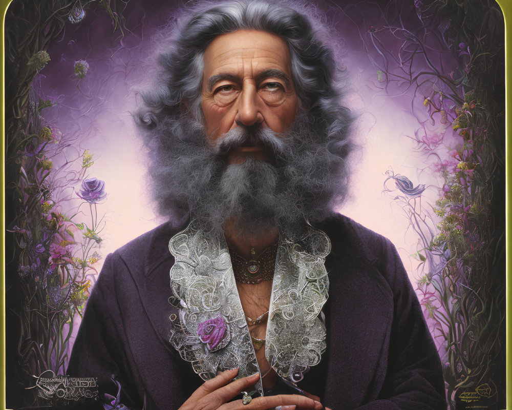 Elegant White-Bearded Man in Purple Jacket on Floral Background