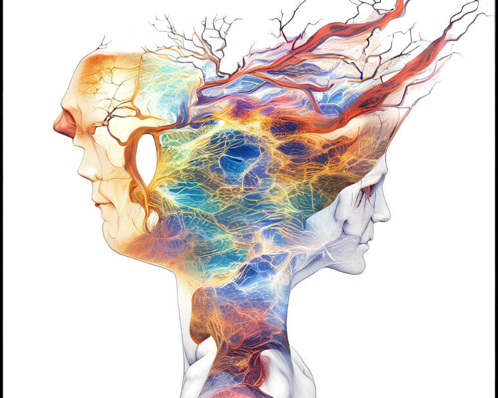 Digital artwork featuring side-by-side human profiles with colorful neural patterns.