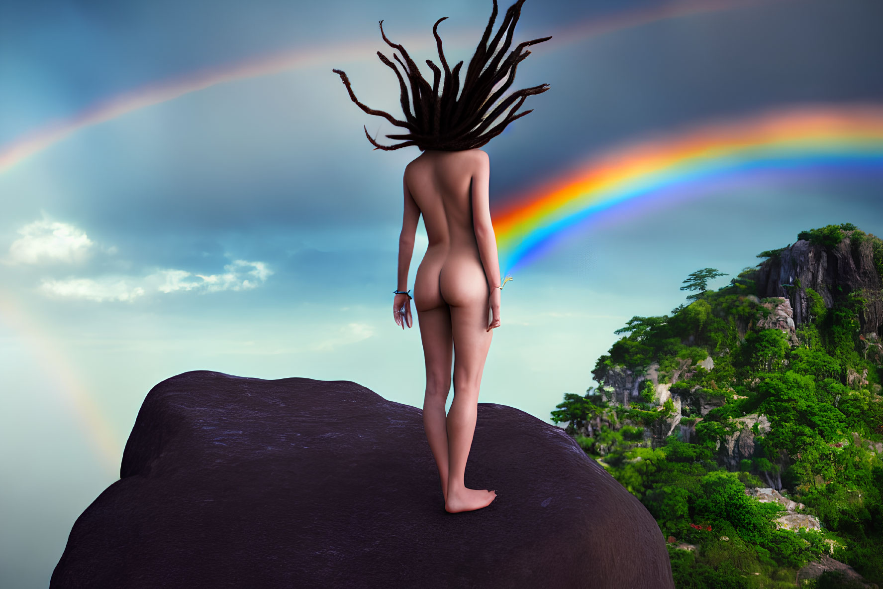 Person Standing on Rock with Dramatic Rainbow in Lush Landscape