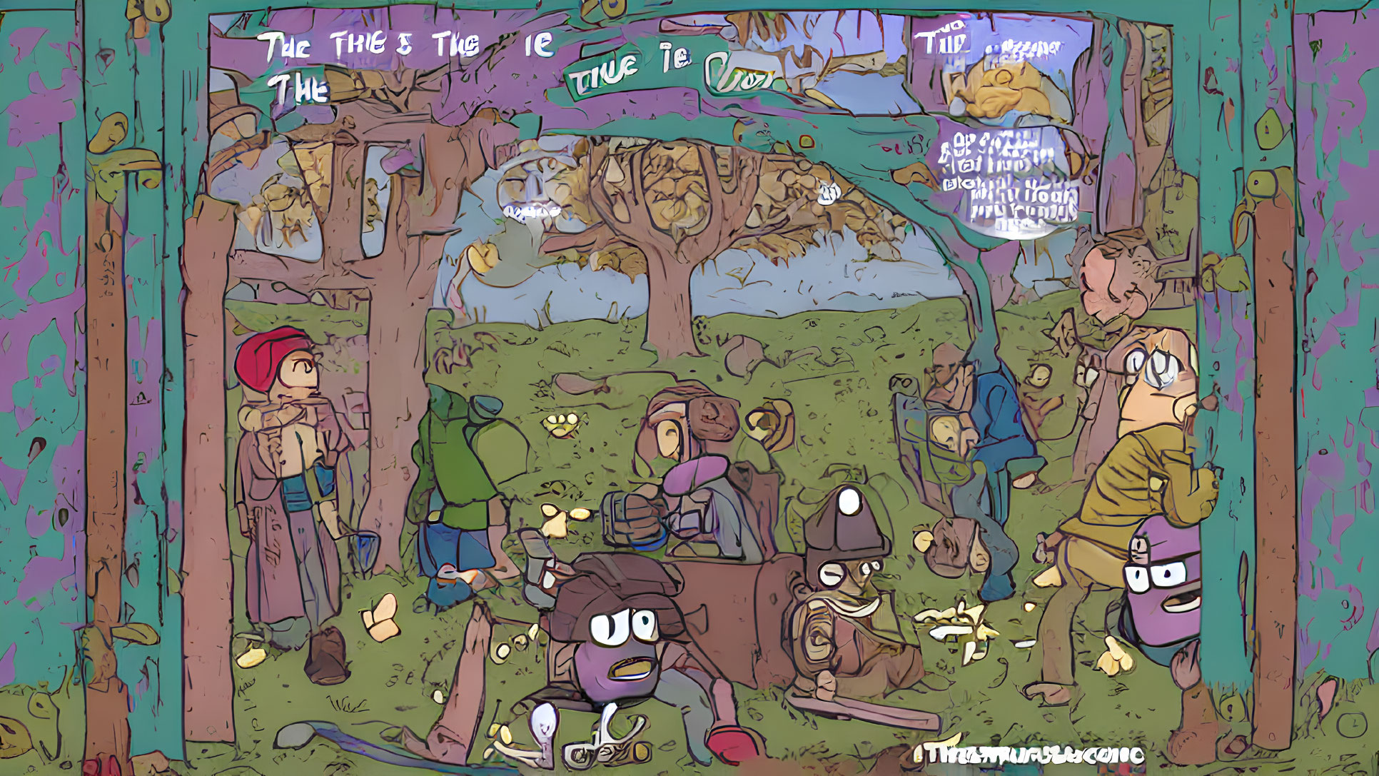 Colorful Cartoon Illustration of Characters in Woodland Setting
