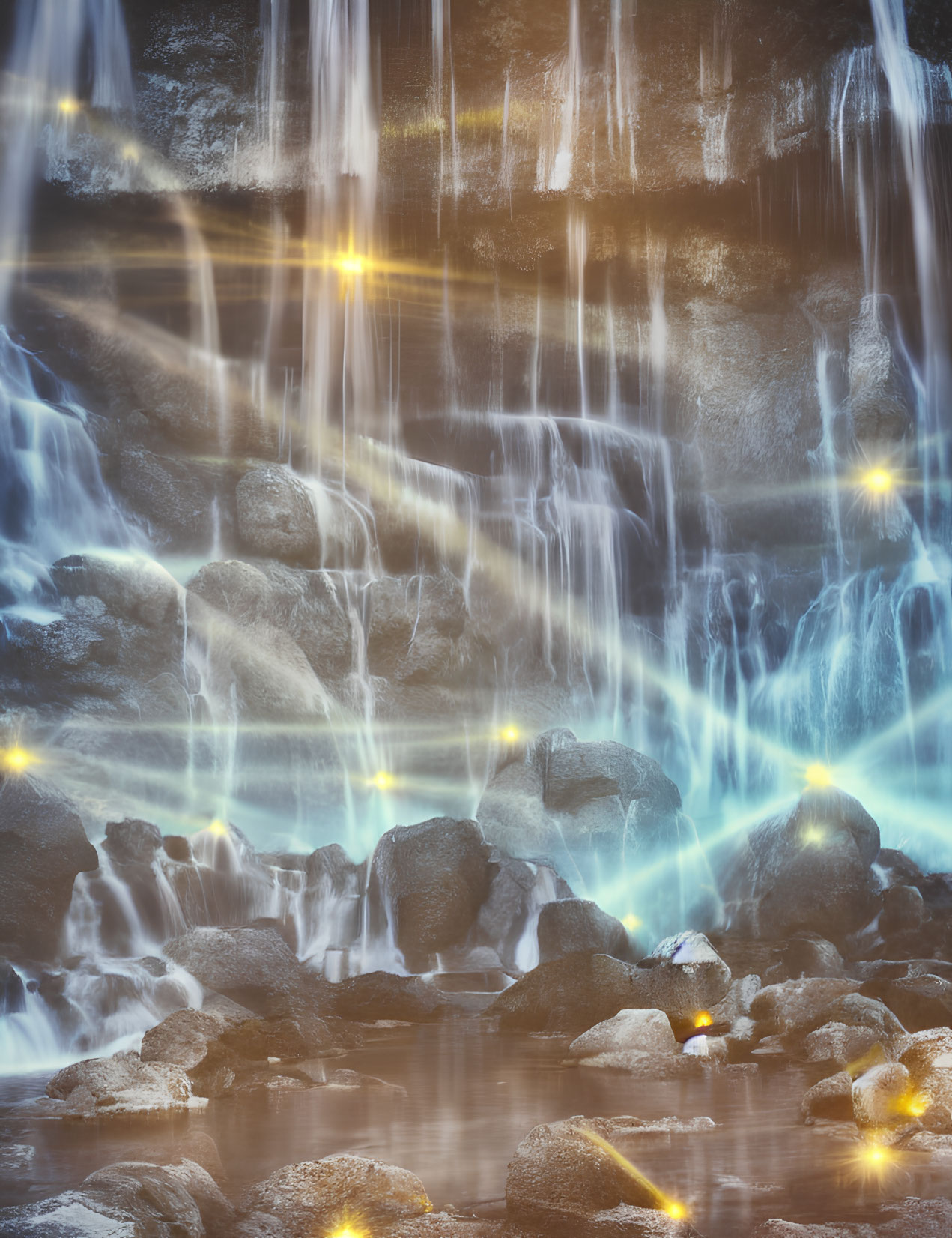 Tranquil waterfall illuminated by glowing lights