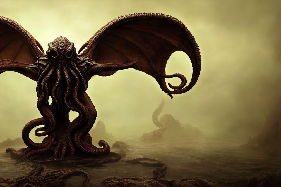 Fantasy illustration of winged octopus creature in misty landscape