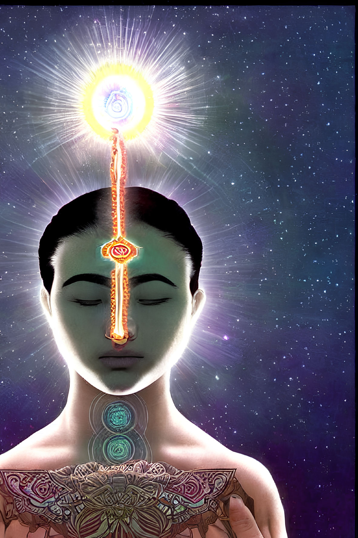 Meditating person with aligned glowing chakras under starry sky