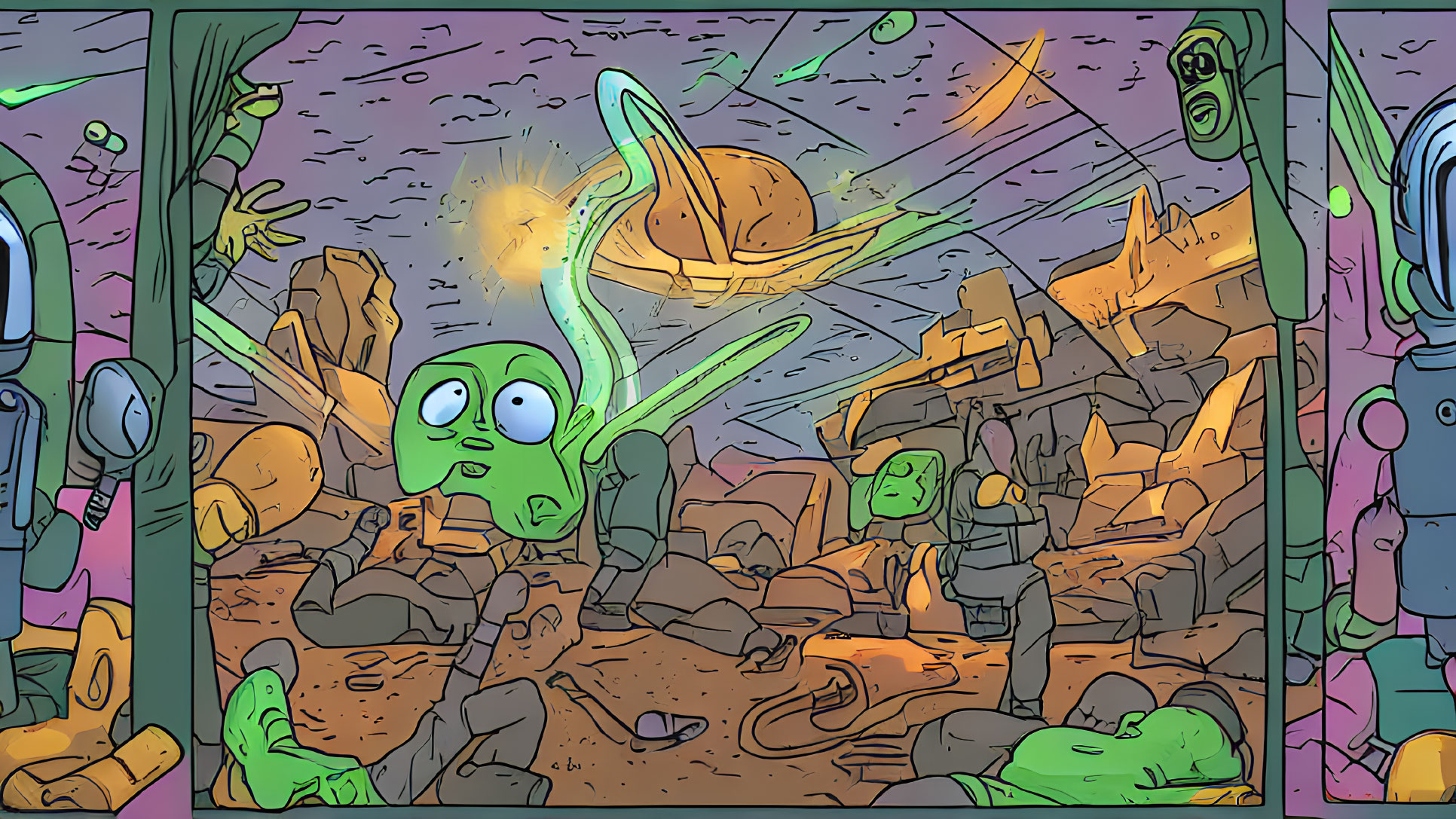 Colorful Alien Landscape with Surprised Green Alien and Robots under Purple Sky
