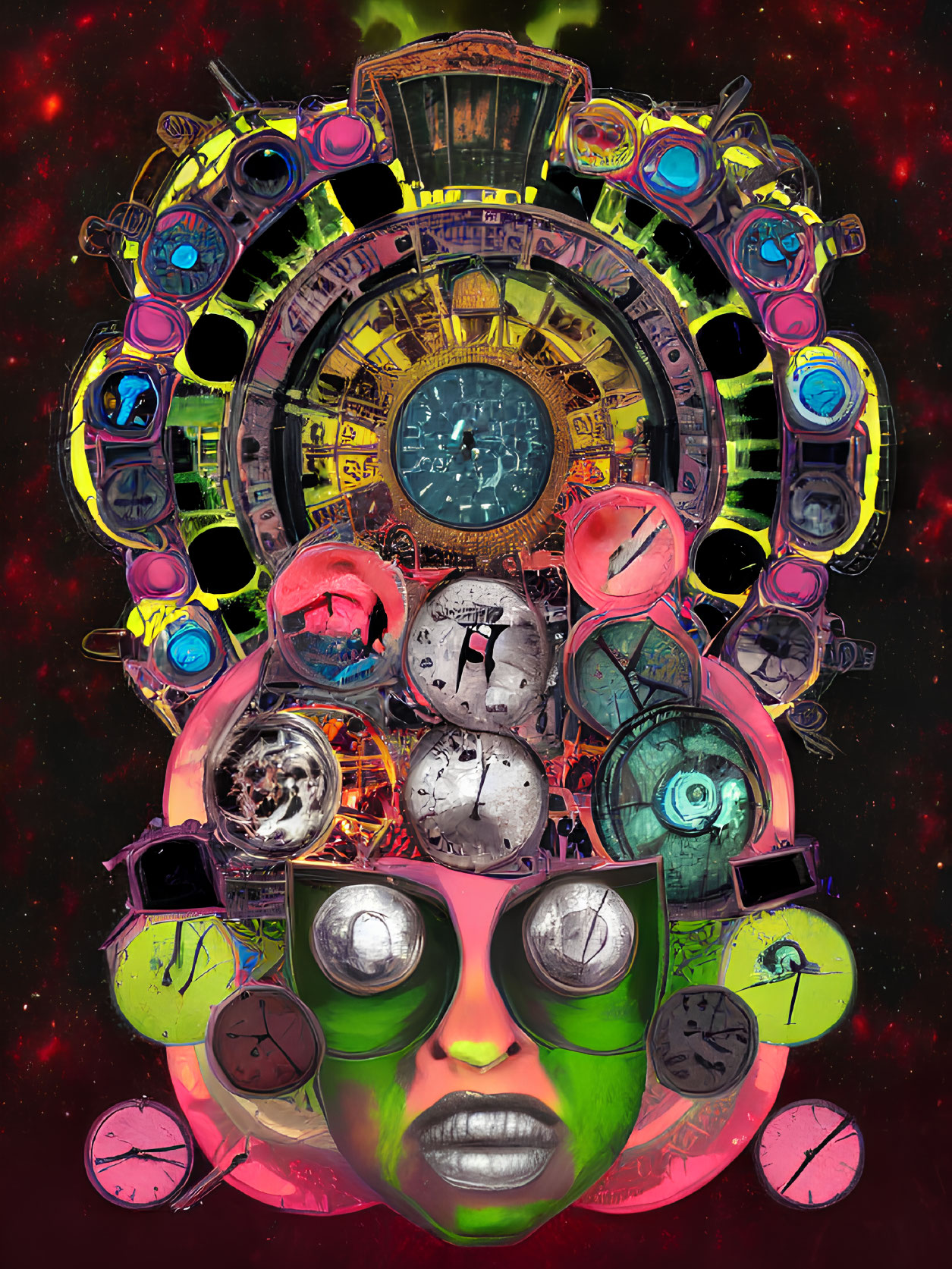 Surreal portrait with green-hued face and abstract clocks on cosmic background