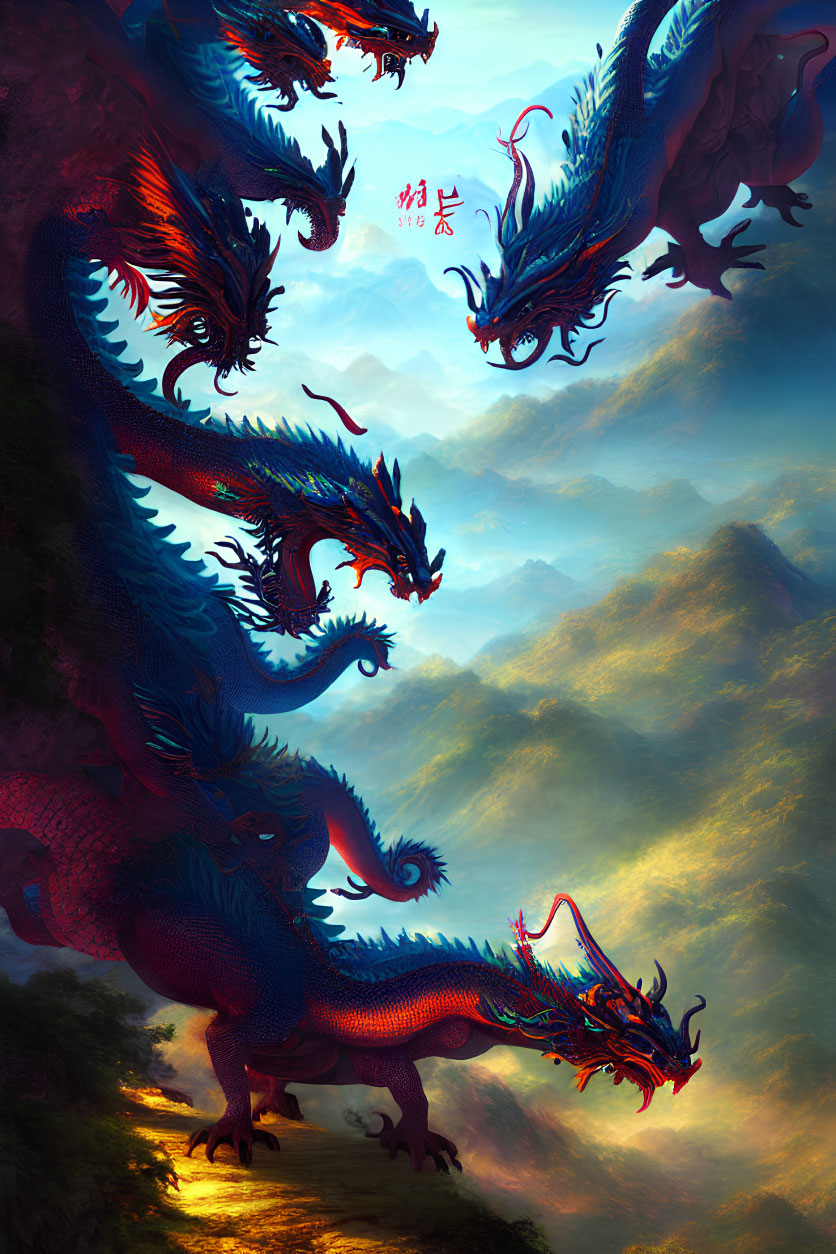 Colorful Multi-Headed Dragon Artwork in Misty Mountain Scene