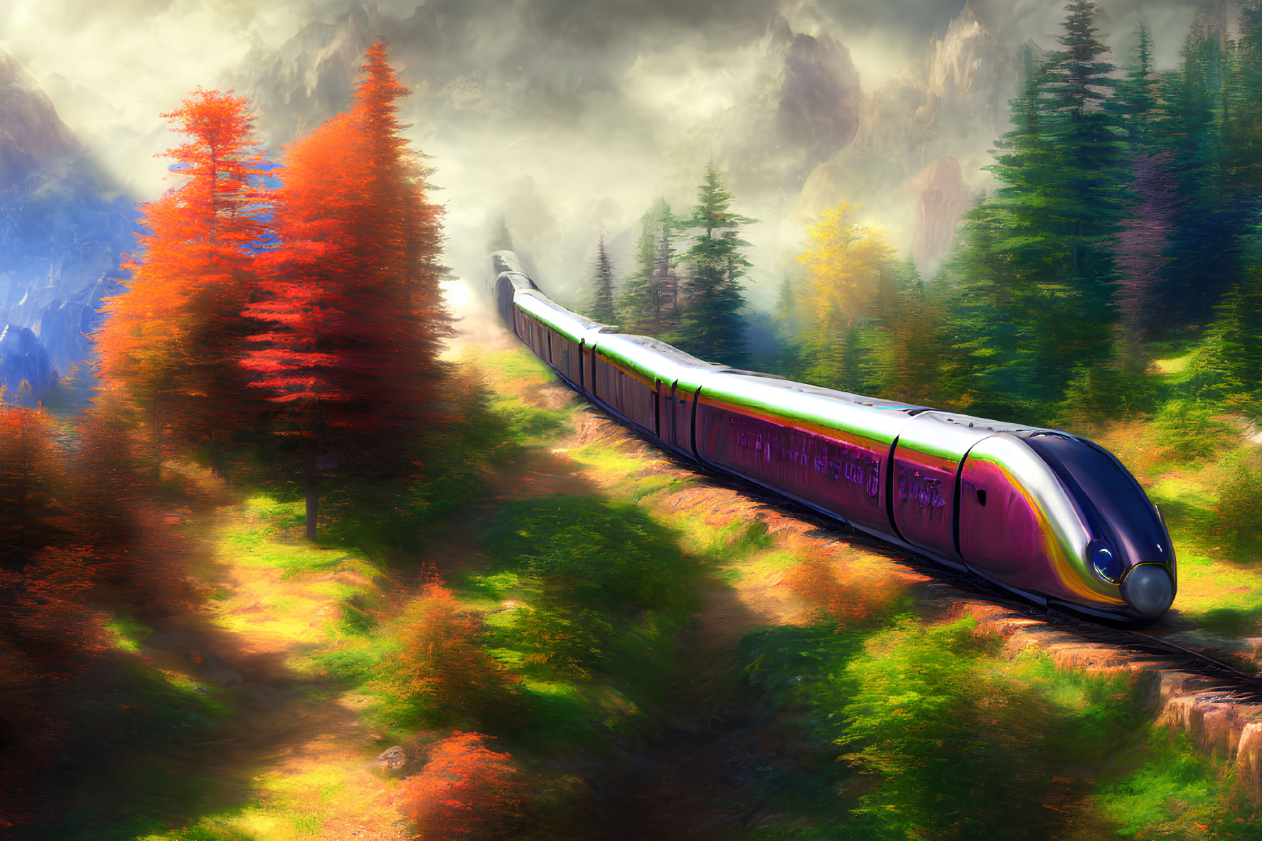 Digital Artwork: Futuristic Train in Autumn Forest