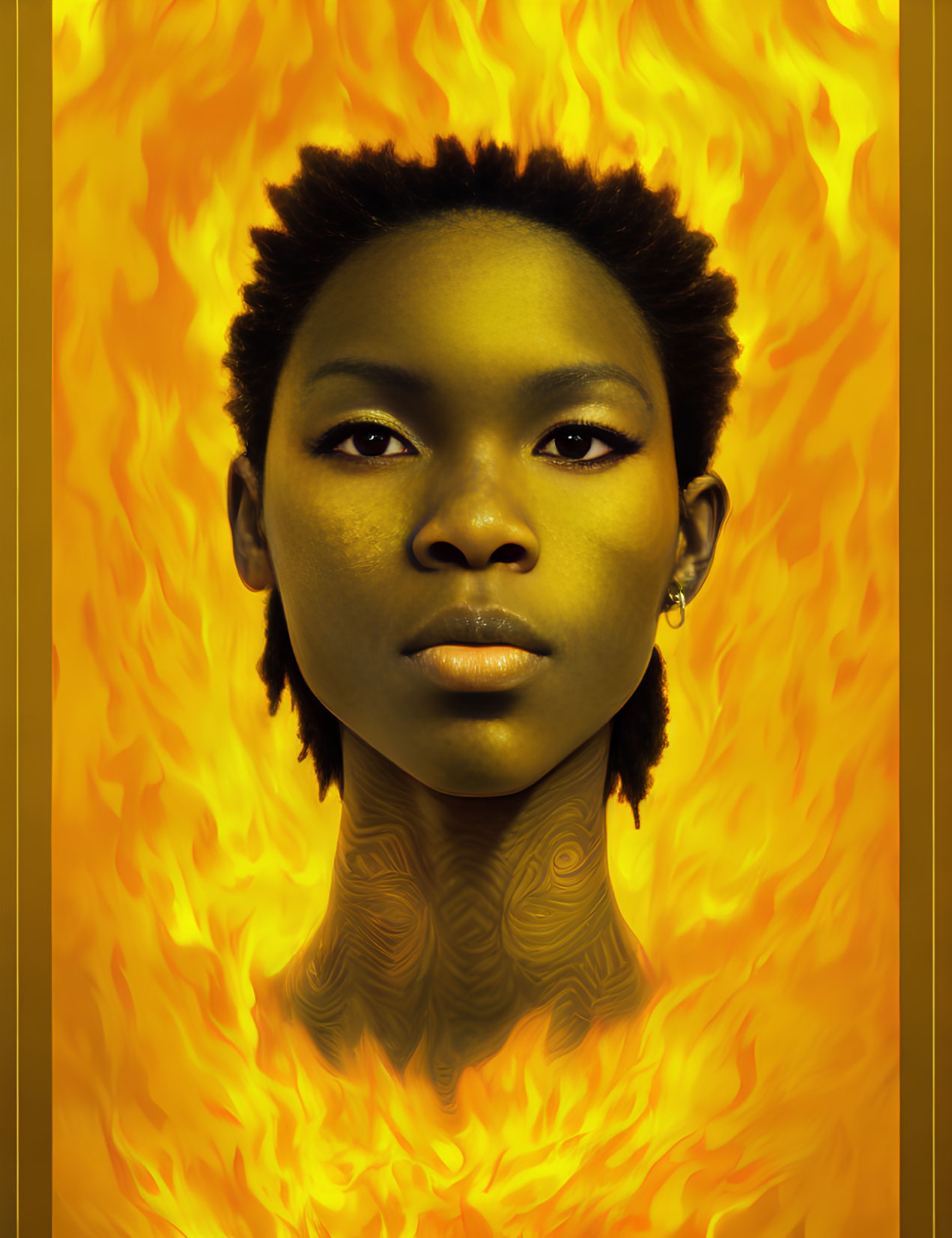 Portrait of person with short hair on gold background surrounded by flames and tribal neck pattern