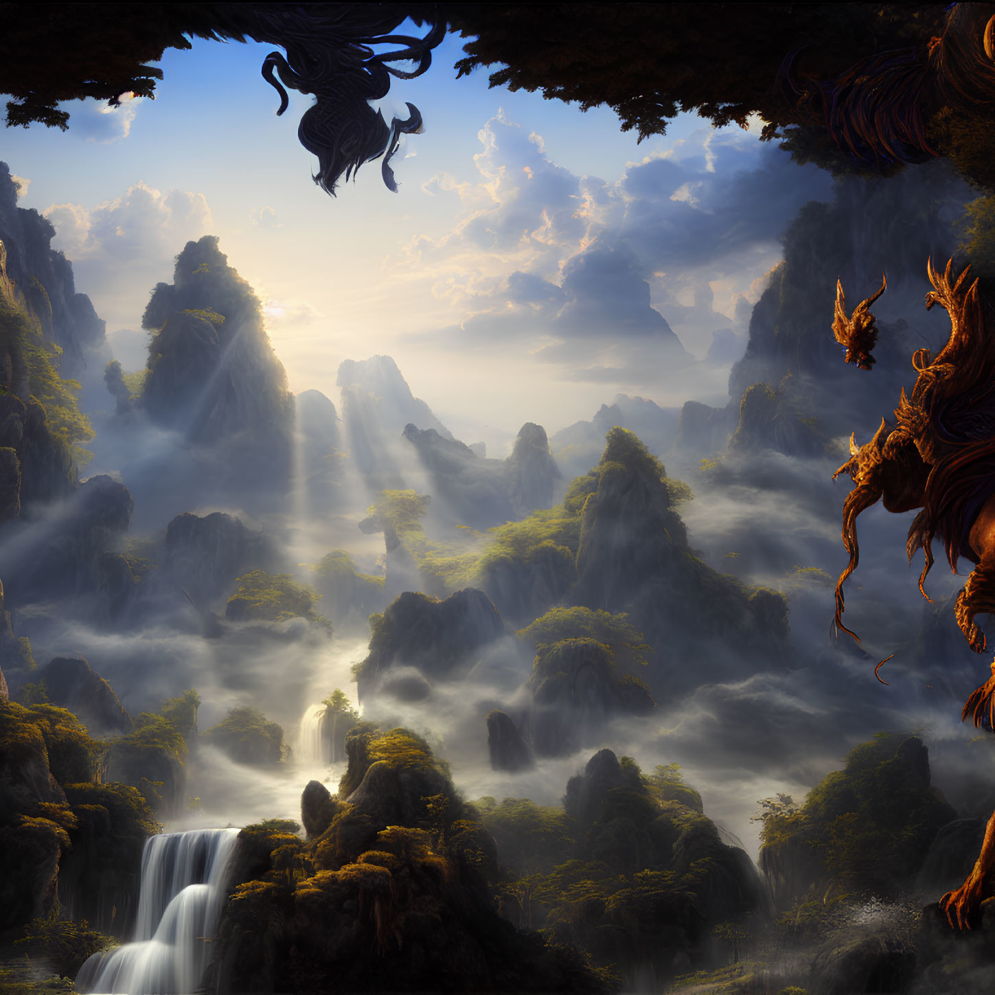Misty mountains, waterfalls, and mystical creatures in dramatic landscape