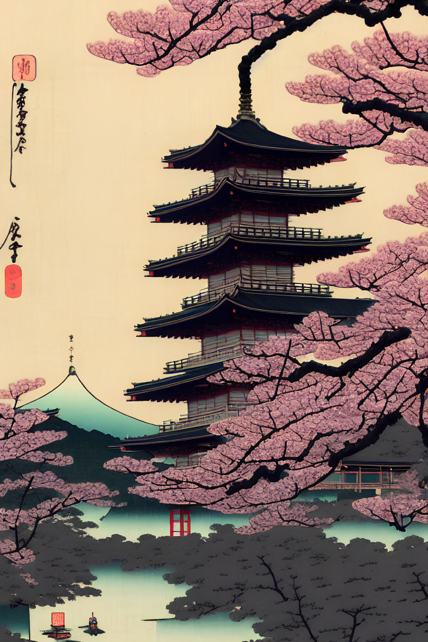 Japanese Pagoda with Cherry Blossoms by Lake and Mountains