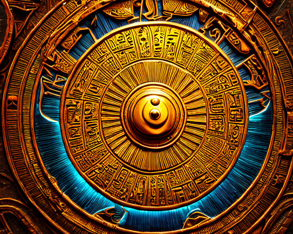 Golden disc with ancient hieroglyphic-like engravings in blue fiery glow